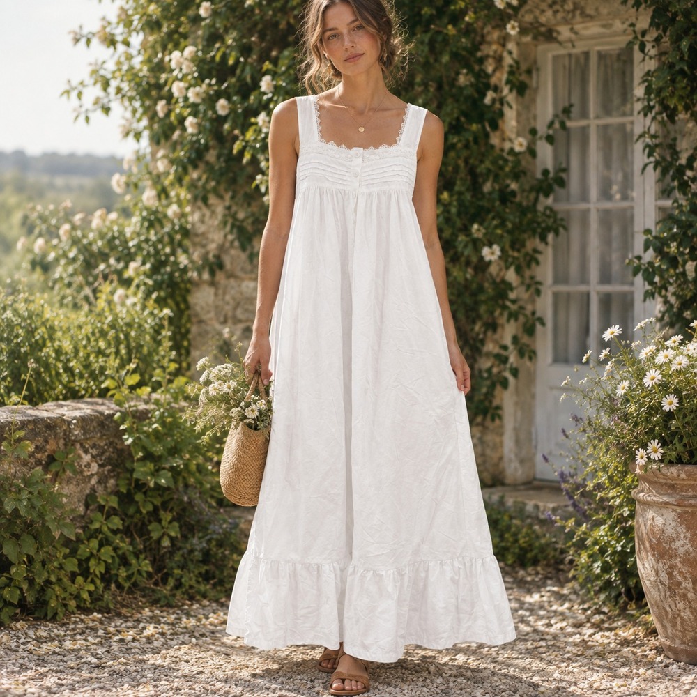 Country Cottage Cotton Nightgown Womens S Ballet Ruffle Crochet Romantic Midi